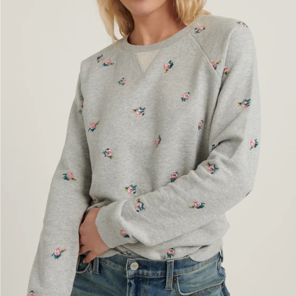 Lucky Brand Gray Sweatshirt with Pink & Green Floral Embroidery